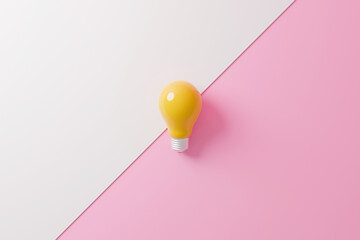 Wall Mural - Light bulb yellow on pink and white background. Concept of creative idea and innovation. 3d rendering illustration