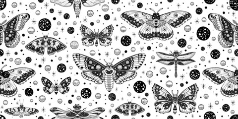 Wall Mural - moth butterfly pattern. seamless moon boho vector. celestial magic abstract mystic design. gothic wi