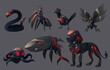 Evil mechanical animals, lion, shark, octopus, butterfly and bird robots. Vector cartoon set of futuristic angry pets cyborgs, black mechanic mantis, snake and fish isolated on gray background