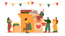 People Donate Clothes For Charity, Humanitarian Aid Or Exchange. Vector Flat Illustration Of Women And Men Give Old Garment In Cardboard Donation Box For Poor And Homeless
