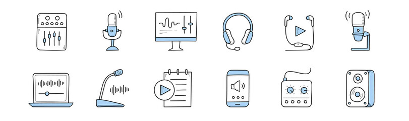 Podcast, radio broadcast and music doodle icons. Equalizer, microphone, audio computer program, headset, playlist application, laptop with sound wave, phone and dynamics, Line art vector illustration