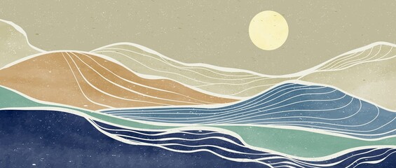 Wall Mural - Creative minimalist hand painted illustrations of Mid century modern. Abstract contemporary aesthetic backgrounds landscapes. with mountain, forest and Ocean wave line art