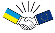 ウクライナとユーロ、国旗がついた手が握手　国家間の戦争紛争　同盟、和解、合意のイメージイラスト
