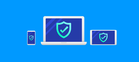 Wall Mural - computer, phone and tablet set with checked security icon