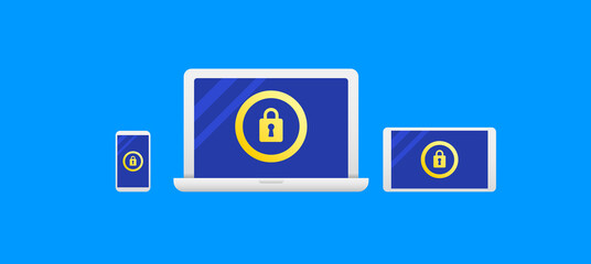 Wall Mural - computer, phone and tablet set with locked security icon