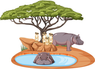 Sticker - Isolated savanna forest with meerkat and hippopotamus