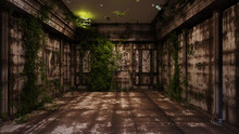 Background Of Dirty Abandoned Apocalypse Classic Room With Vines Plant,3D Illustration Rendering