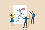Strategic planning, plan to overcome difficulty or obstacle to reach goal or target, team brainstorm or competitor analysis, business success concept, business team planning for success tactic chart.