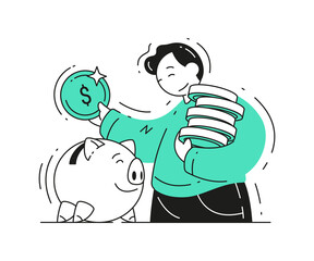 Business male dropping coins into slot of piggy bank deposit and savings concept vector flat illustration. Depositing money into banking account. Currency income finance management economy isolated