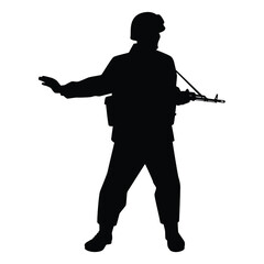 Wall Mural - Soldier with rifle gun in war silhouette vector, military man in the battle.