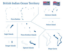 British Indian Ocean Territory Map. Chagos Map. British Overseas Territory. Detailed Blue Outline And Silhouette. Country Flag. Set Of Vector Maps. All Isolated On White Background.