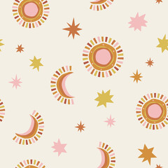 boho crescent sun stars geometric celestial vector seamless pattern. bohemian baby abstract moon chi