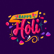 3D Happy Holi Font With Color Balloons, Powder (Gulal) In Bowls And Arc Drops Decorated On Purple Background.