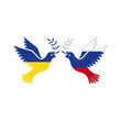 Doves of peace in the colors of the flag of Ukraine and Russia. A symbol of peace. A bird with a branch in its beak. Vector illustration isolated on white background for design and web.
