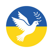 White Bird Of The World On The Background Of A Circle In The Colors Of The Flag Of Ukraine. Peace Concept. Dove With A Twig In Its Beak. Vector Illustration Isolated On White Background.