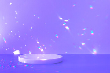 Wall Mural - Abstract minimal scene - empty stage, circle podium on purple background with rainbow crystal light refraction sparkles. Pedestal for cosmetic product and packaging mockups display presentation