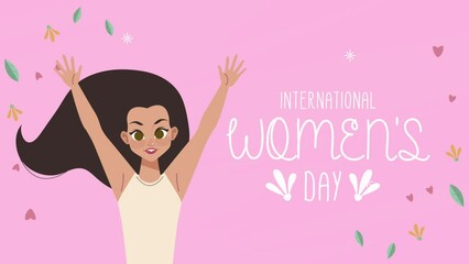 Sticker - happy womens day lettering with woman celebrating