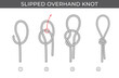 Vector simple instructions for tying a slipped overhand knot. Four steps. Isolated on white background.
