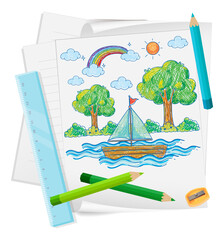 Sticker - A paper with a doodle sketch design with color and colour pencils