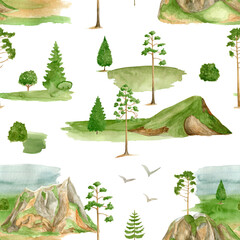 Watercolor mountain landscape seamless pattern. Hand drawn high green mountains summits, pine trees isolated on white. Summer forest background. Woodland nature illustration. Travel, camping design.