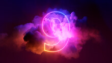 3d Render, Neon Linear Number Nine And Colorful Cloud Glowing With Pink Blue Neon Light, Abstract Fantasy Background