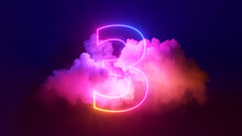 3d Render, Neon Linear Number Three And Colorful Cloud Glowing With Pink Blue Neon Light, Abstract Fantasy Background