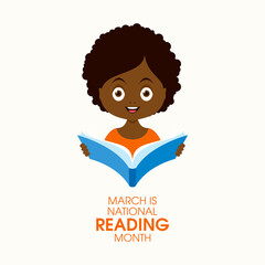 Wall Mural - March Is National Reading Month vector. Cheerful little african american girl reading a book vector. Happy smiling african child girl with book cartoon character