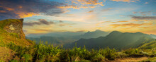 Panoramic View Of Phu Chi Fa, Chiang Rai Province, Thailand,Panorama Beautiful Landscape Nature Of Sunrise On Peak Mountain With Sun Cloud Fog And Bright Sky In Winter At Phu Chi Fa Forest Park 