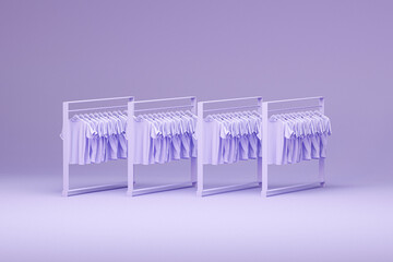 Clothes on a hanger, storage shelf in a cream background. Collection of clothes hanging on rack with pastel purple and very peri colors. 3d rendering, concept for shopping store and bedroom
