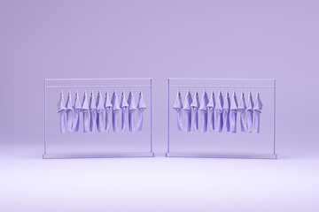 Clothes on a hanger, storage shelf in a cream background. Collection of clothes hanging on rack with pastel purple and very peri colors. 3d rendering, concept for shopping store and bedroom
