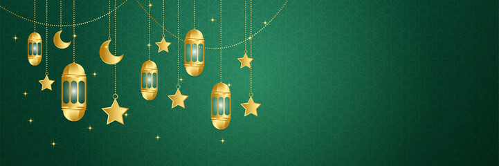 Ramadhan lantern green gold colorful wide banner design background