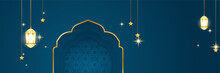 Ramadhan Blue Colorful Wide Banner Design Background. Islamic Ramadan Kareem Banner Background With Crescent Pattern Moon Star Mosque Lantern. Vector Illustration.