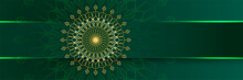 Mandala Pattern Green Colorful Wide Banner Design Background. Islamic Ramadan Kareem Banner Background With Crescent Pattern Moon Star Mosque Lantern. Vector Illustration.