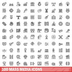 Poster - 100 mass media icons set. Outline illustration of 100 mass media icons vector set isolated on white background