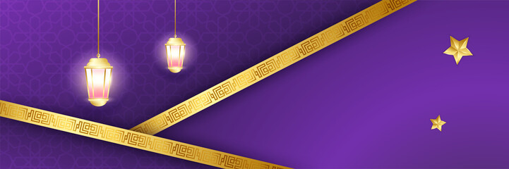 Premium Ramadhan purple and gold colorful wide banner design background