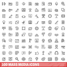 100 Mass Media Icons Set. Outline Illustration Of 100 Mass Media Icons Vector Set Isolated On White Background