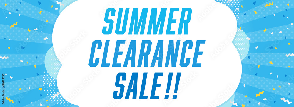 夏セール　バナーテンプレート　紙吹雪×集中線×ドットの水色フレーム（横長）
