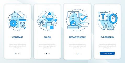 Principles of graphic design blue onboarding mobile app screen. Designer walkthrough 4 steps graphic instructions pages with linear concepts. UI, UX, GUI template. Myriad Pro-Bold, Regular fonts used