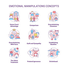  Emotional manipulations concept icons set. Silent treatment idea thin line color illustrations. Home court advantage. Isolated symbols. Editable stroke. Roboto-Medium, Myriad Pro-Bold fonts used