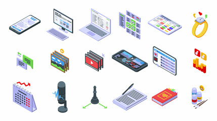 Sticker - Content plan icons set isometric vector. Website code. Web computer