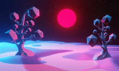 Wall Mural - spring landscape with red sun sunset low poly trees 3d graphics, 3d render