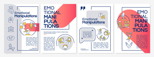 Emotional manipulation tactics red brochure template. Abusive behaviour. Leaflet design with linear icons. 4 vector layouts for presentation, annual reports. Questrial, Lato-Regular fonts used