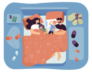 Sticker - Happy family lying asleep on bed together. Sleeping mom and dad hugging children at night, man and woman taking nap with kids flat vector illustration. Family, love concept for banner, website design