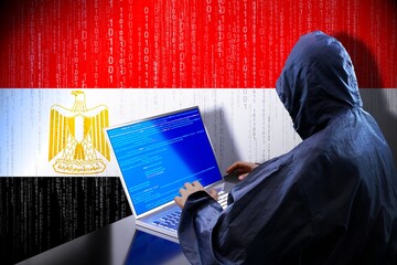 Anonymous hooded hacker, flag of Egypt, binary code - cyber attack concept