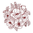 Flower mandala in the form of a bouquet of poppy flowers. Outline drawing for cutting and coloring