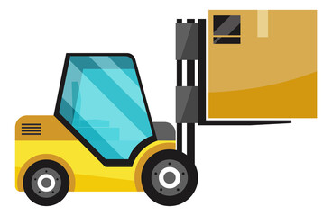 Poster - Yellow forklift lifting cardboard box. Storage truck