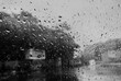 Image shot through raindrops falling on wet glass, abstract blurs of traffic - monsoon stock image of Kolkata (formerly Calcutta) city , Black and white.
