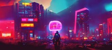 Retro Futuristic Abstract Cityscape In Pink And Violet Colors. Creative Concept. Future City. Cyberpunk Wallpaper. 3D Illustration.