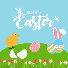 Wall Mural - Cute Cartoon Happy Easter Spring Holiday Background Illustration