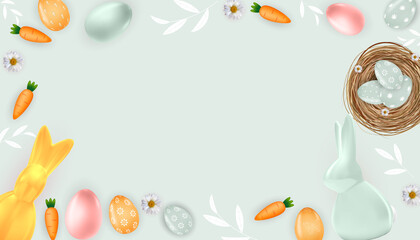 Wall Mural - Easter poster template frame with 3d realistic Easter eggs, bunny and Carrot. Template for advertising, poster, flyer, greeting card. Illustration